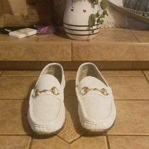 White Loafers with Gold Accents